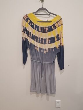 NWT Gypsy 05 Yellow and Navy Tie-Dye Long Sleeve Waist-Tie Dress Size Medium
